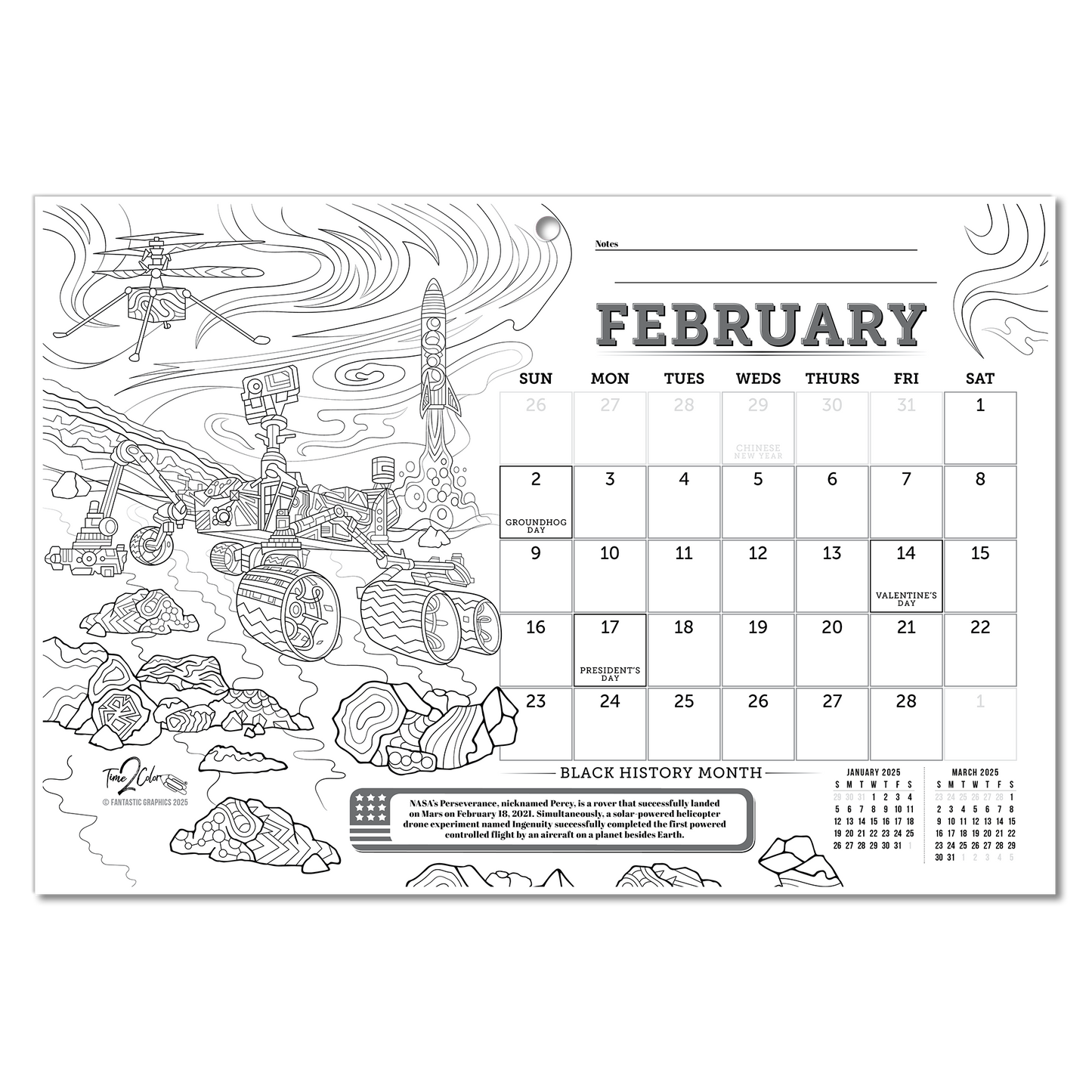 2025 Great Events in American History Wall/Deskpad Coloring Calendar (19" x 13")