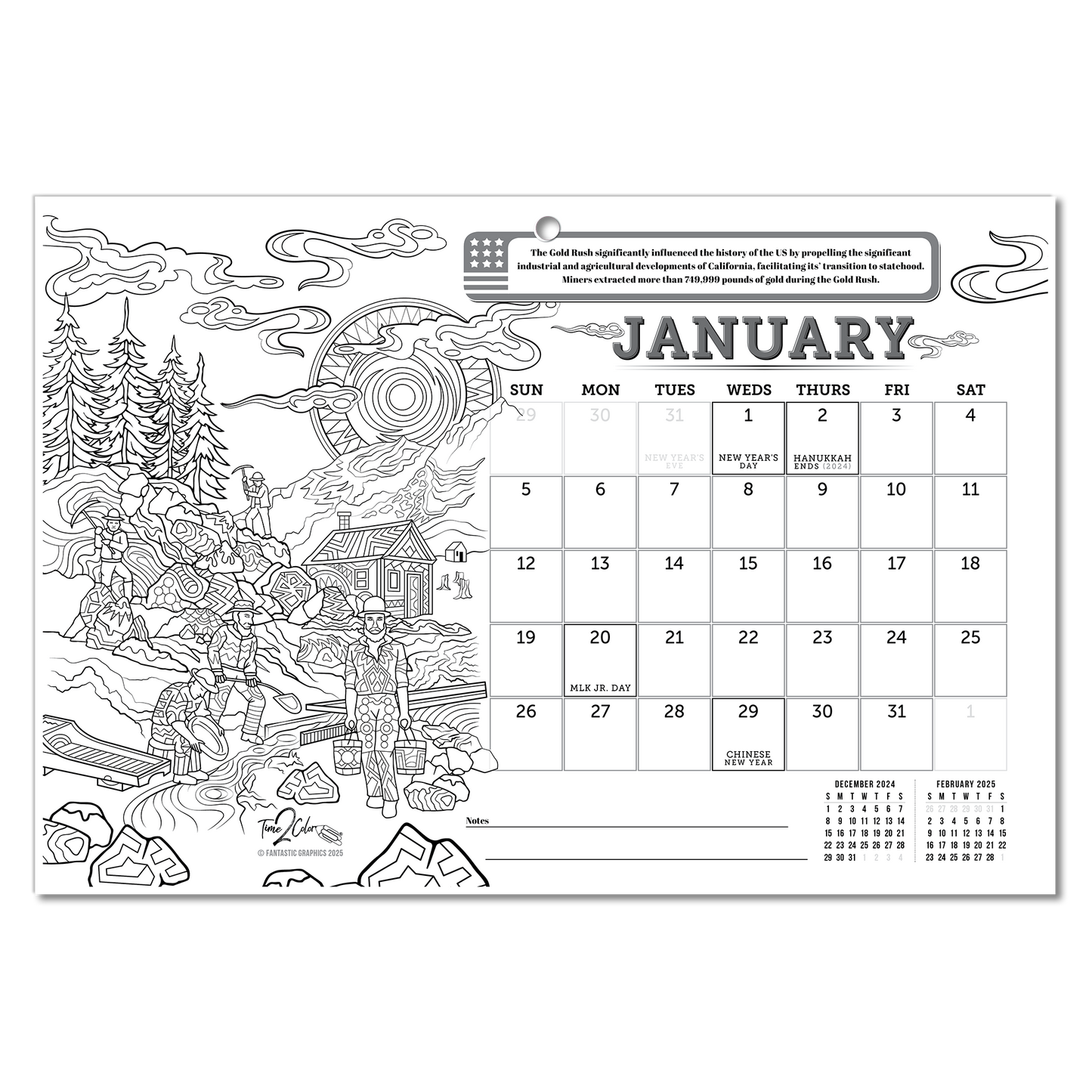 2025 Great Events in American History Wall/Deskpad Coloring Calendar (19" x 13")