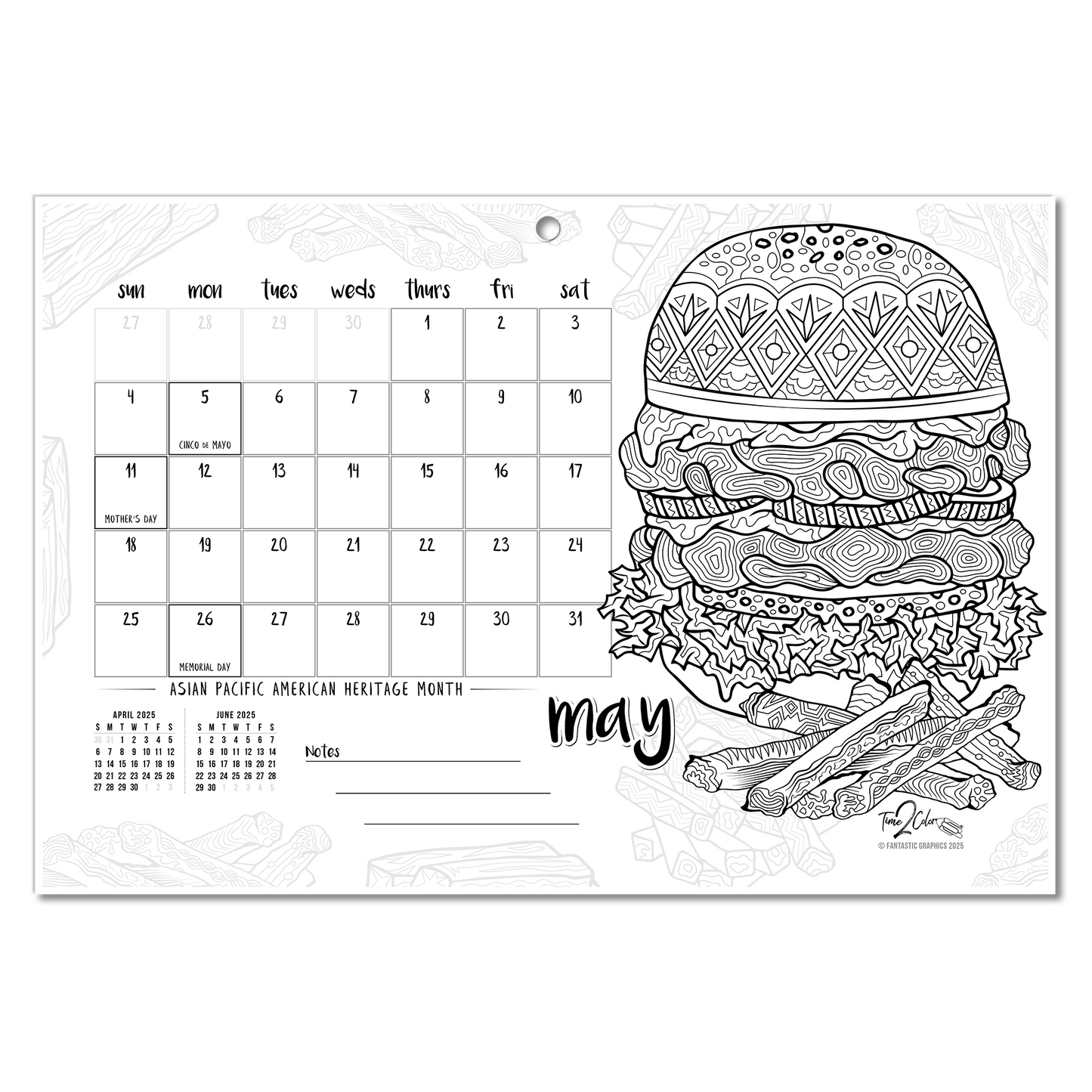 2025 Favorite Foods Wall/Deskpad Coloring Calendar (19" x 13")