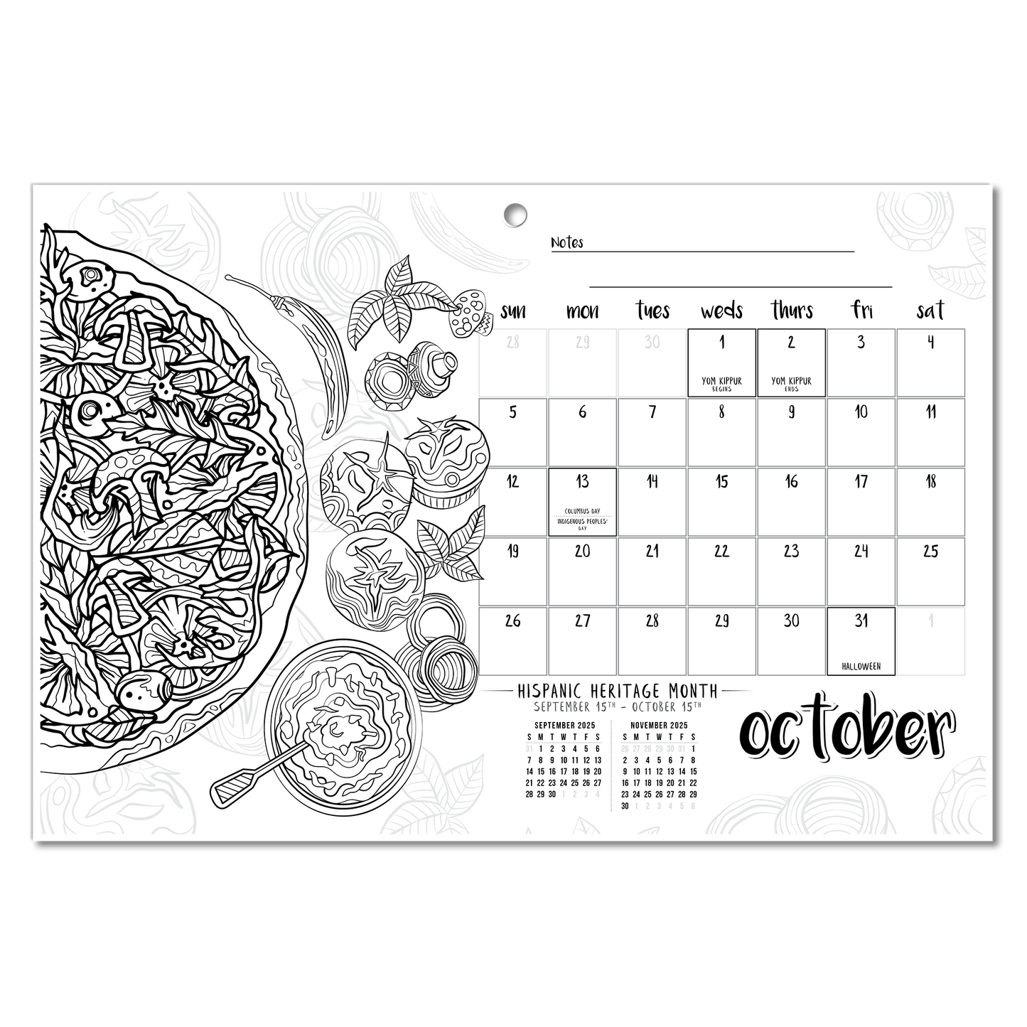 2025 Favorite Foods Wall/Deskpad Coloring Calendar (19" x 13")