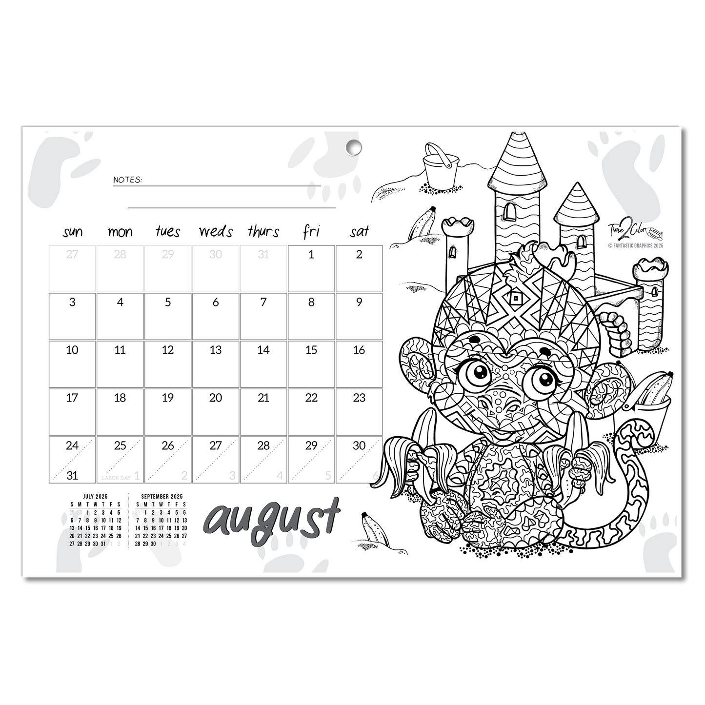 2025 Furry Friends Wall/Deskpad Coloring Calendar (19" x 13")