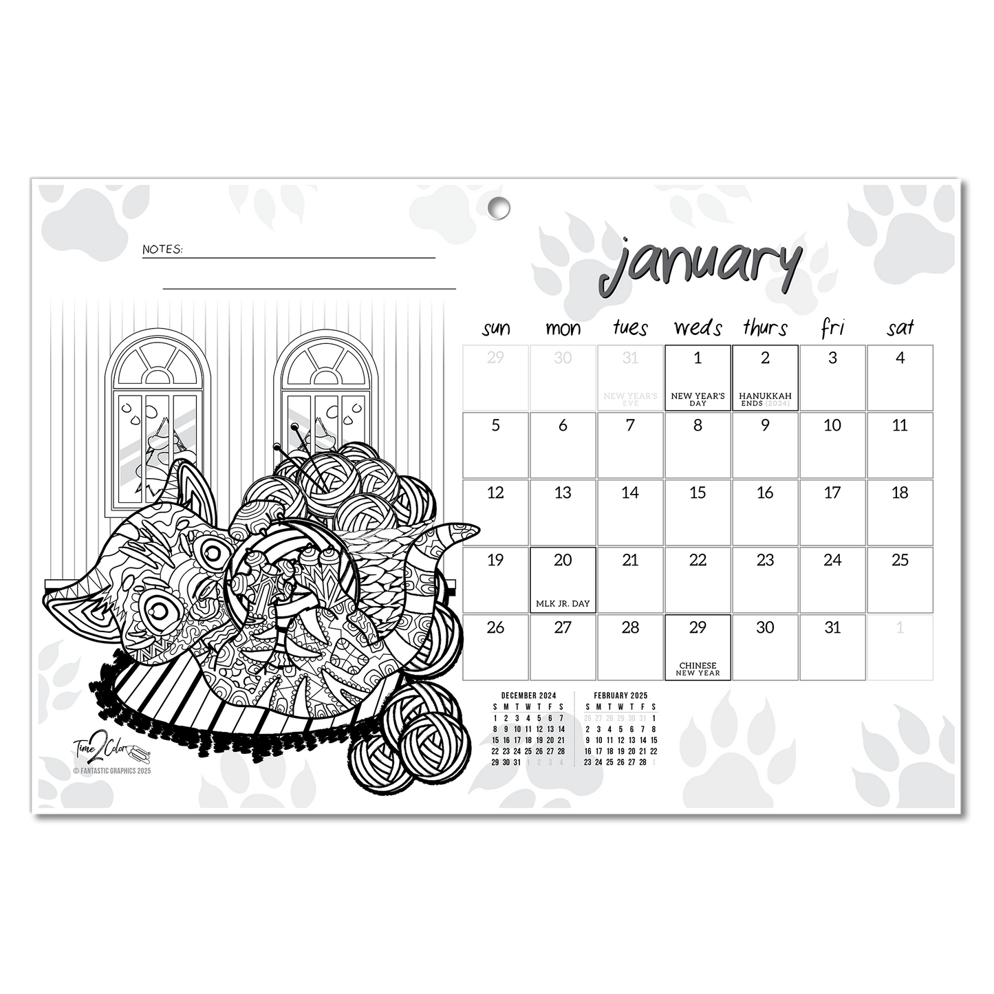 2025 Furry Friends Wall/Deskpad Coloring Calendar (19" x 13")