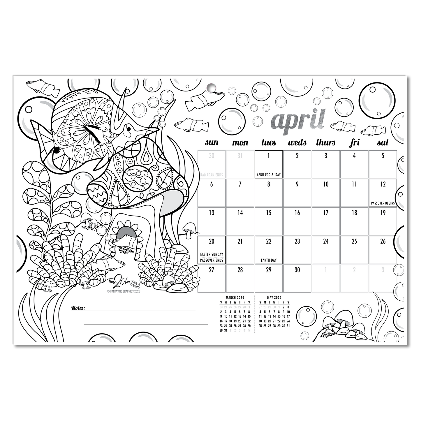 2025 Tropical Fish Wall/Deskpad Coloring Calendar (19" x 13")