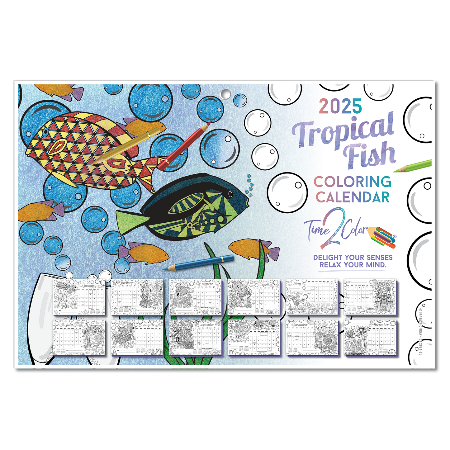 2025 Tropical Fish Wall/Deskpad Coloring Calendar (19" x 13")