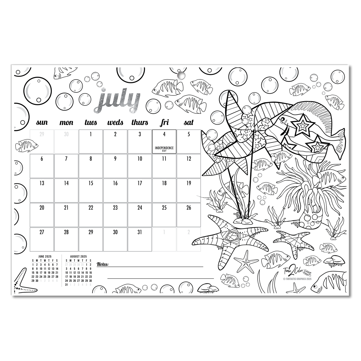 2025 Tropical Fish Wall/Deskpad Coloring Calendar (19" x 13")