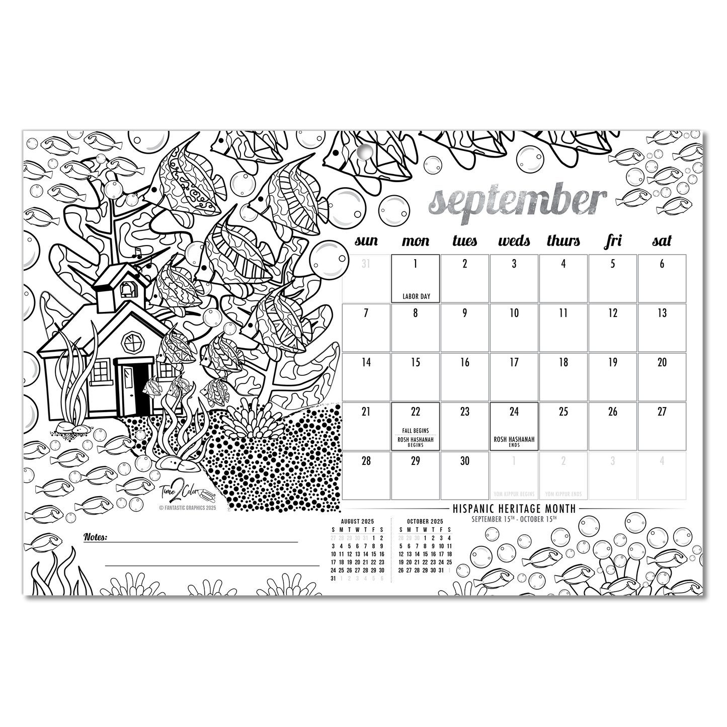 2025 Tropical Fish Wall/Deskpad Coloring Calendar (19" x 13")