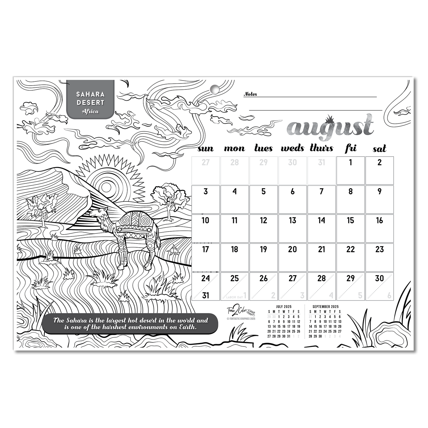 2025 Wonders Of The World Wall/Deskpad Coloring Calendar (19" x 13")