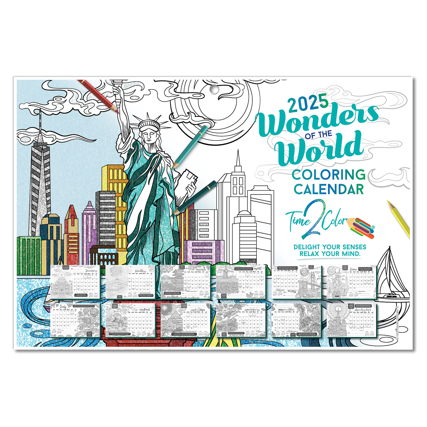 2025 Wonders Of The World Wall/Deskpad Coloring Calendar (19" x 13")