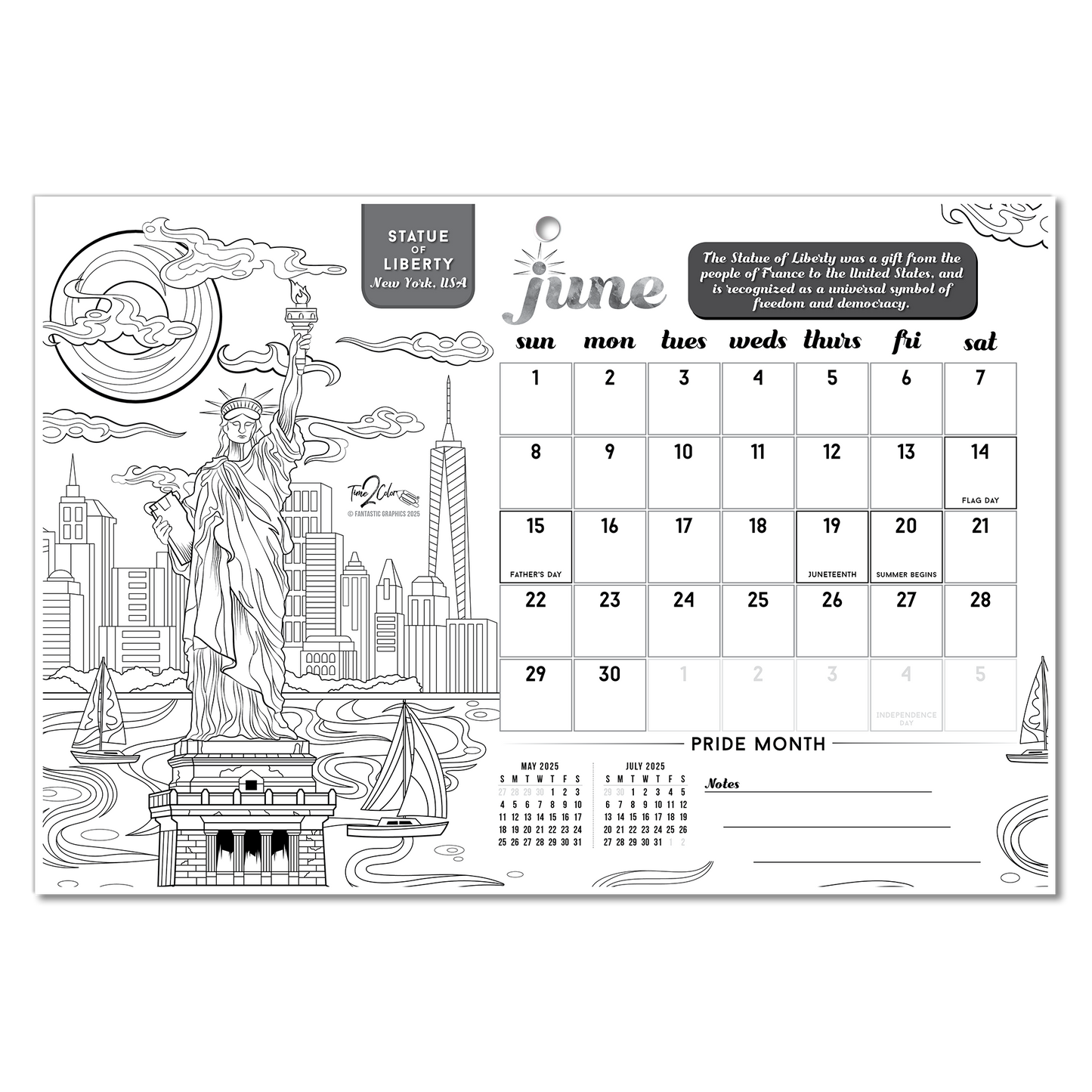 2025 Wonders Of The World Wall/Deskpad Coloring Calendar (19" x 13")