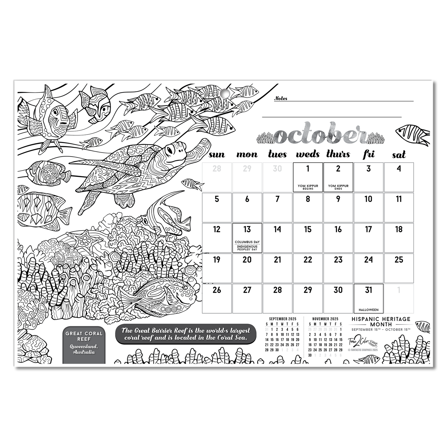 2025 Wonders Of The World Wall/Deskpad Coloring Calendar (19" x 13")