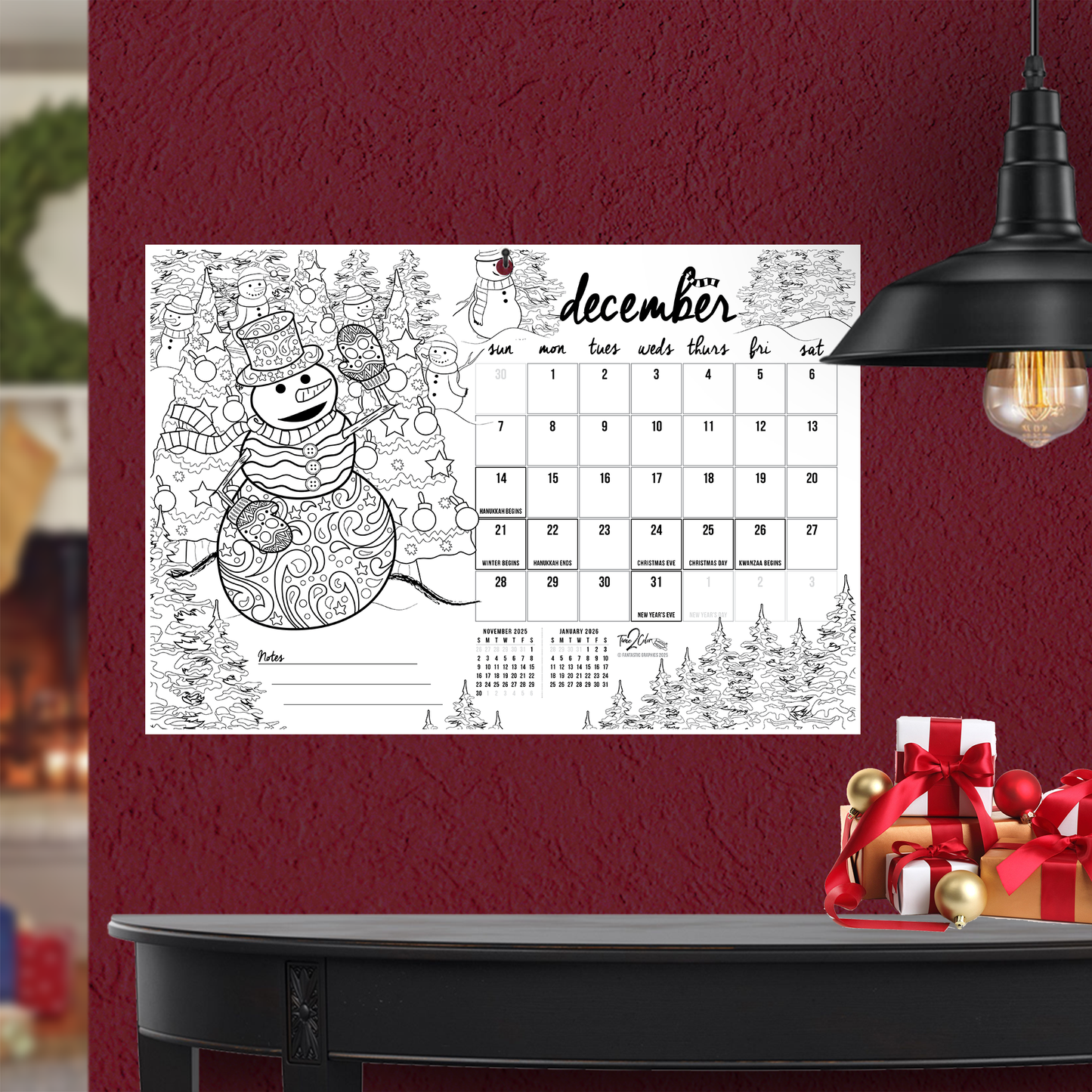 2025 "Christmas" Holiday Wall/Deskpad Coloring Calendar (19" x 13")