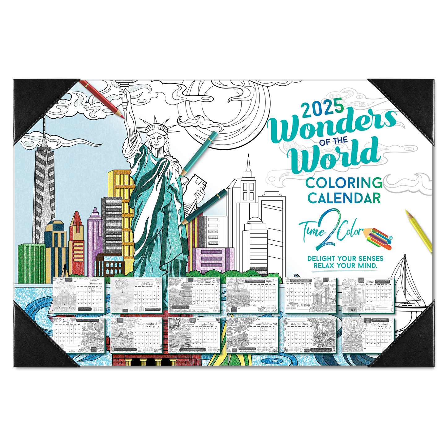 2025 Wonders Of The World Home Edition Desk Blotter Coloring Calendar (19" x 13")