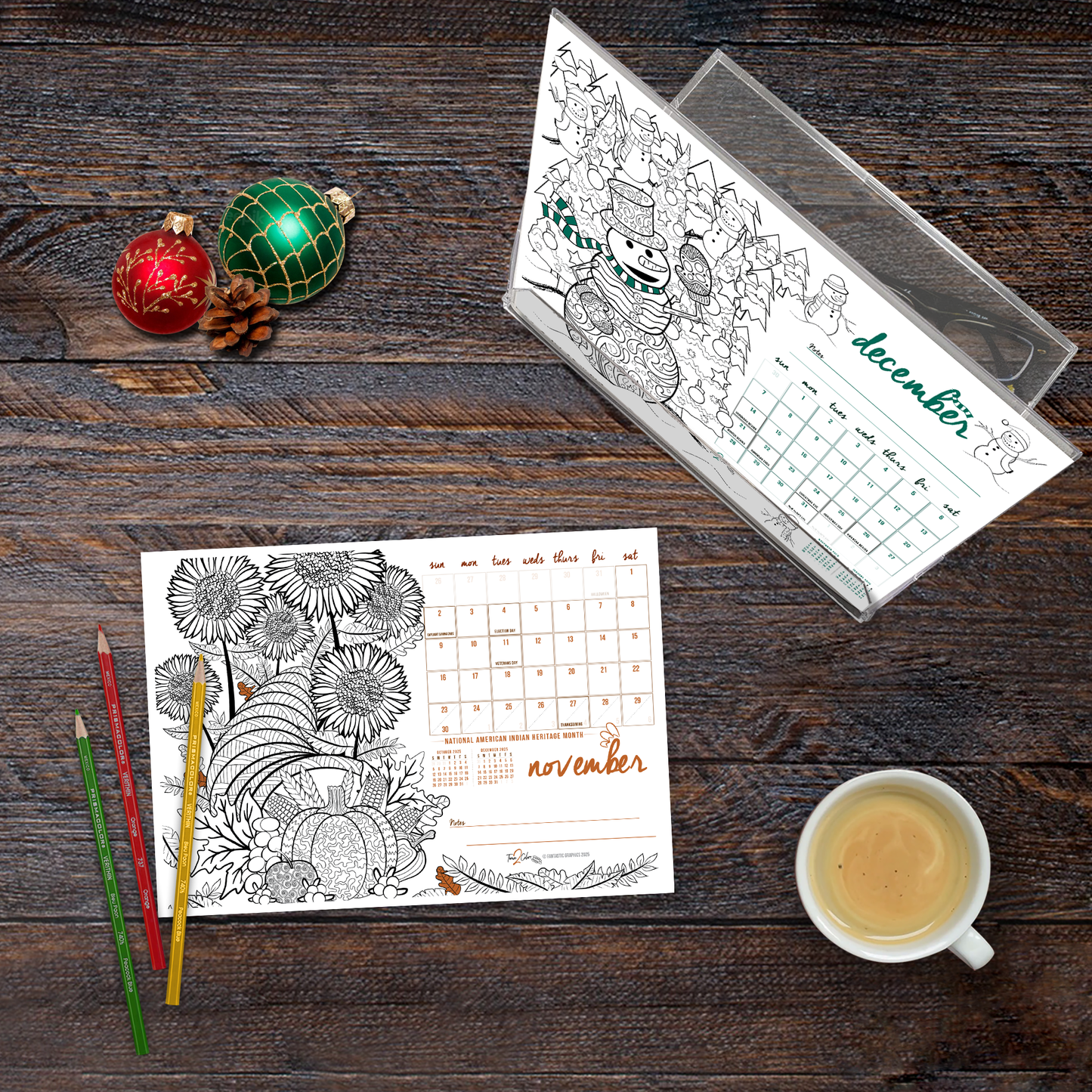 2025 "Christmas" Holiday Standing Lucite Desktop Coloring Calendar (8.5" x 6")