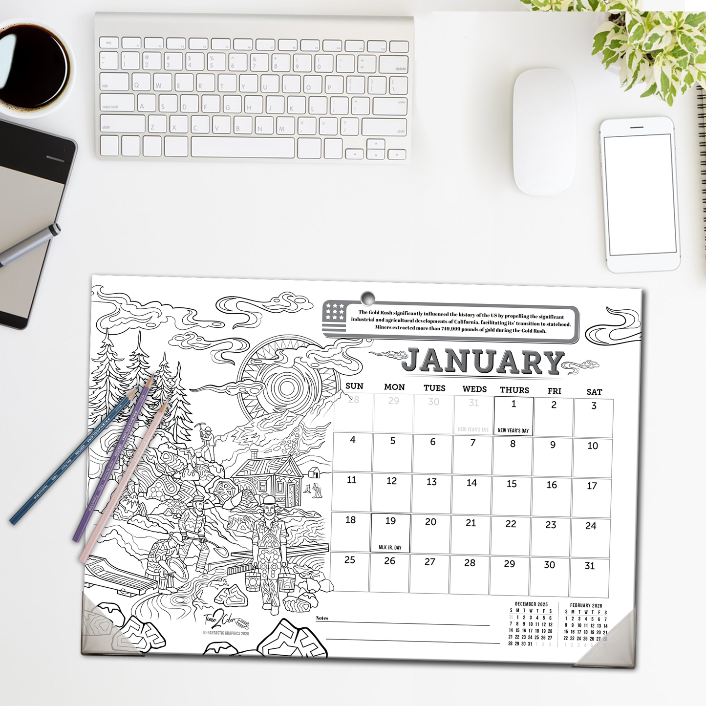 2026 Great Events in American History Home Edition Desk Blotter/Wall Coloring Calendar (19"x 13")