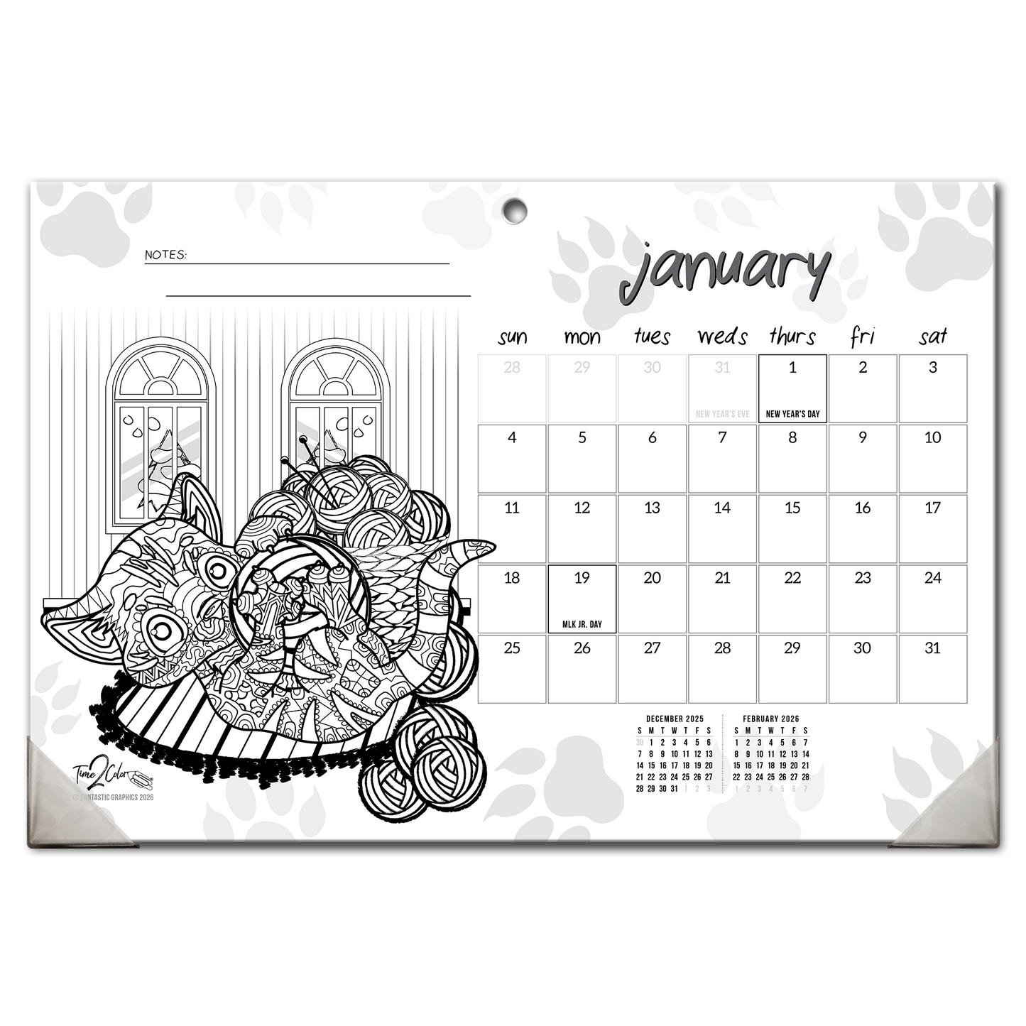 2026 Furry Friends Home Edition Desk Blotter/Wall Coloring Calendar (19" x 13")