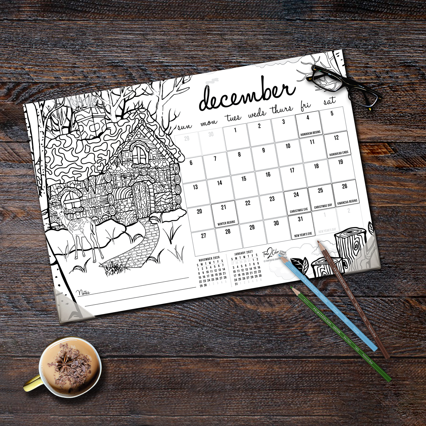 2026 Seasons Home Edition Desk Blotter/Wall Coloring Calendar (19" x 13")