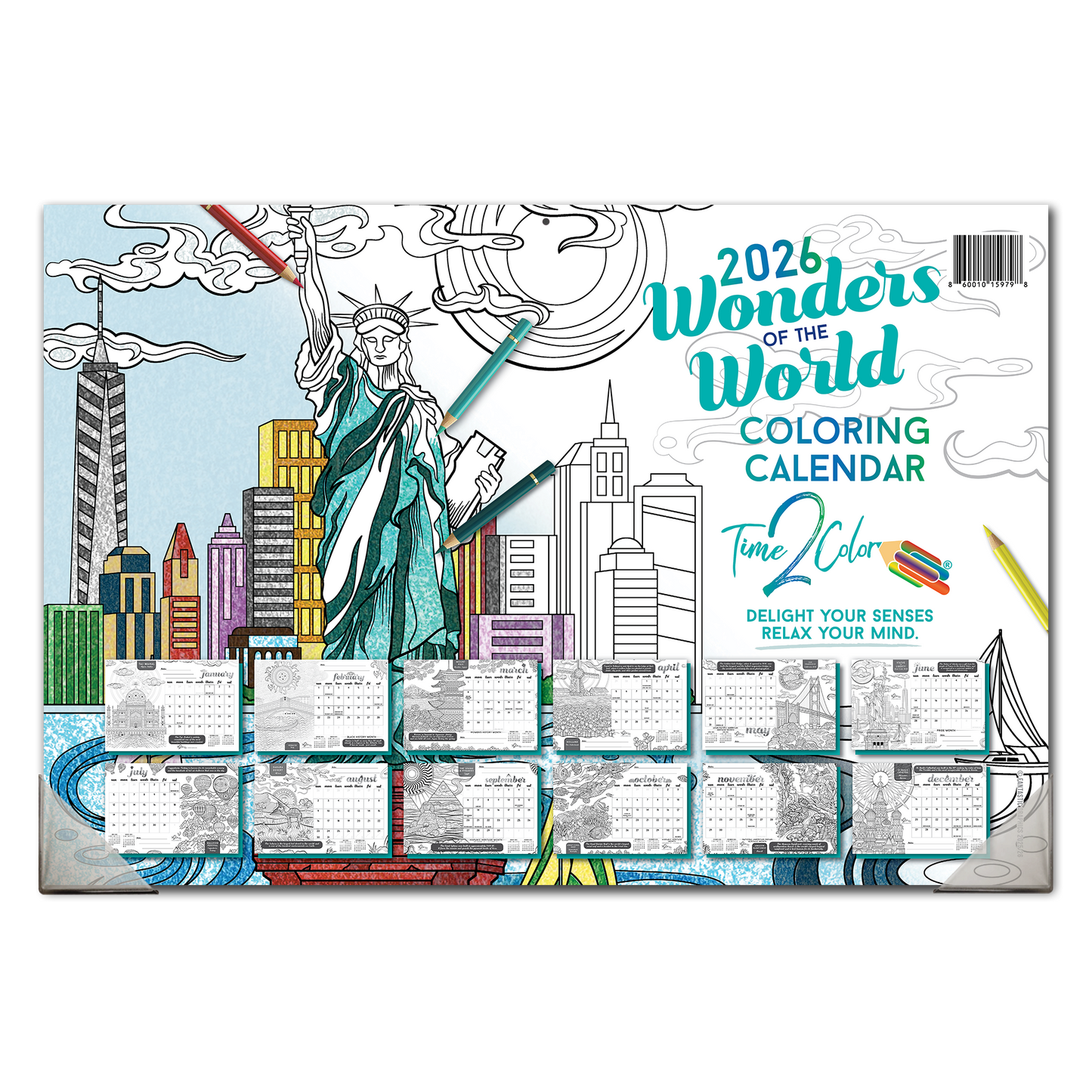 2026 Wonders Of The World Home Edition Desk Blotter/Wall Coloring Calendar (19" x 13")