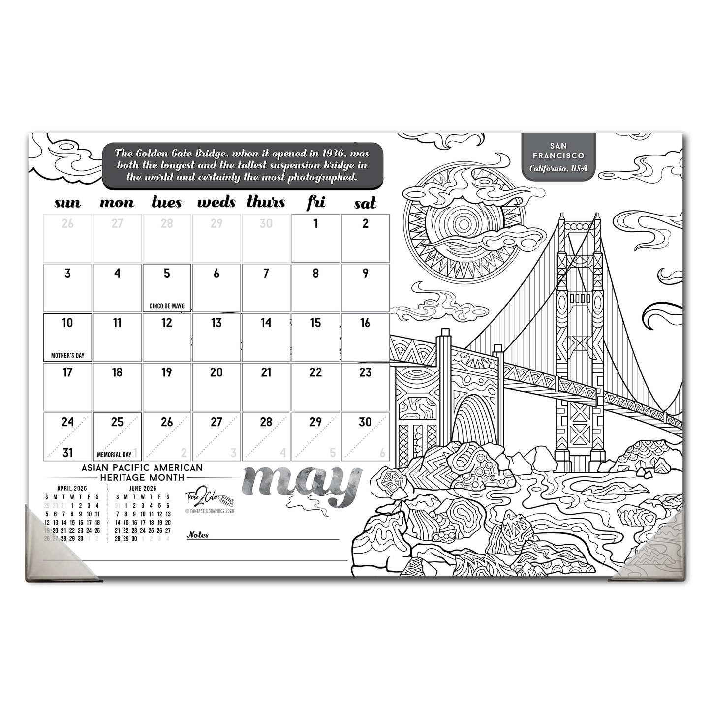 2026 Wonders Of The World Home Edition Desk Blotter/Wall Coloring Calendar (19" x 13")