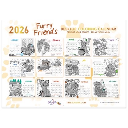 2026 Furry Friends Standing Lucite Desktop Coloring Calendar (8.5" x 6")