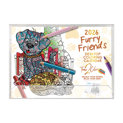 2026 Furry Friends Standing Lucite Desktop Coloring Calendar (8.5" x 6")