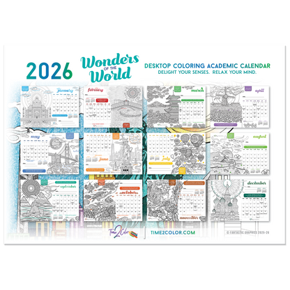 2026 Wonders of the World Standing Lucite Desktop Coloring Calendar (8.5" x 6")
