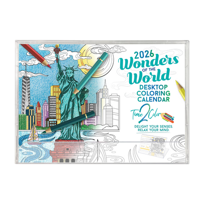 2026 Wonders of the World Standing Lucite Desktop Coloring Calendar (8.5" x 6")