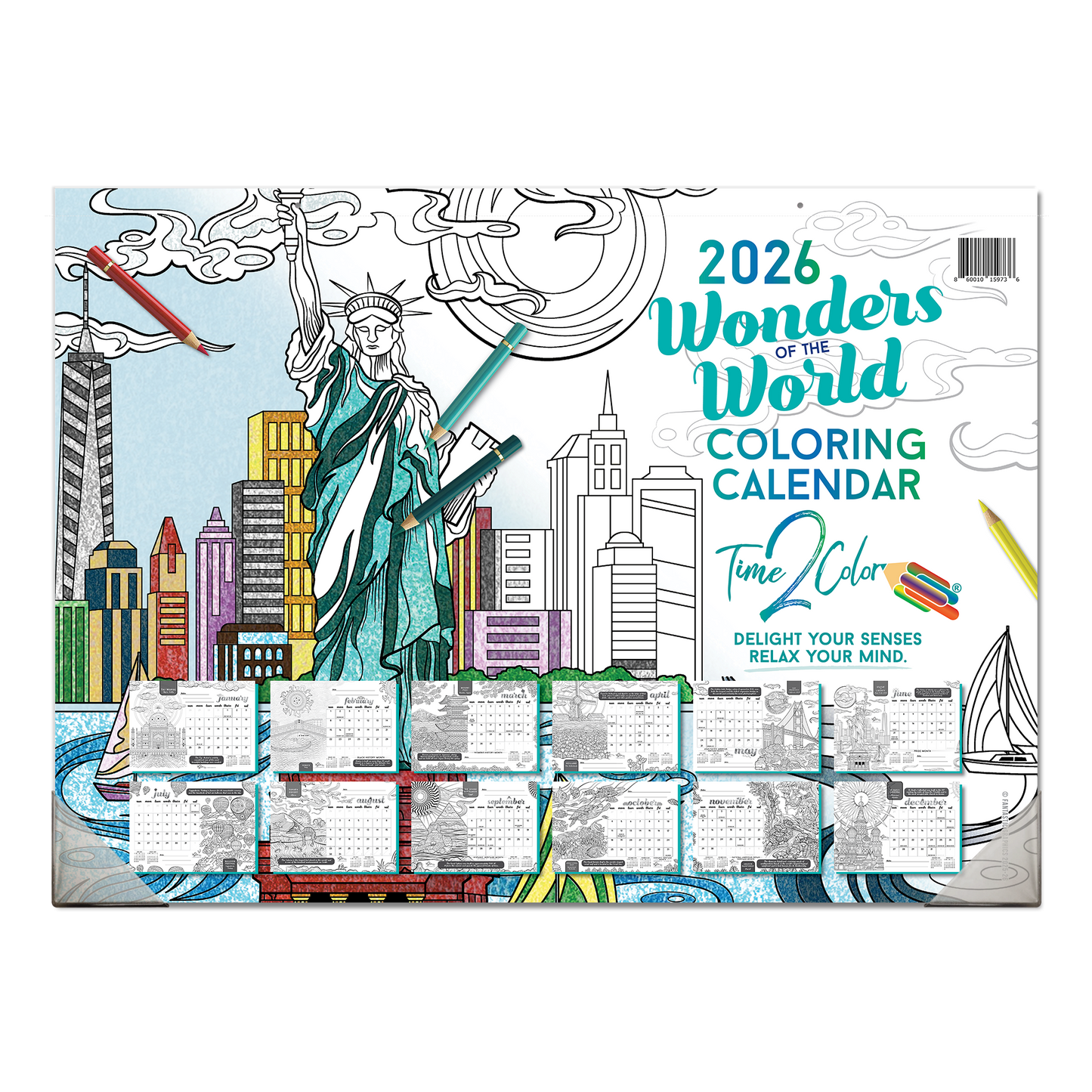 2026 Wonders Of The World Office Edition Desk Blotter/Wall Coloring Calendar (22" x 16")