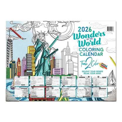 2026 Wonders Of The World Office Edition Desk Blotter/Wall Coloring Calendar (22" x 16")
