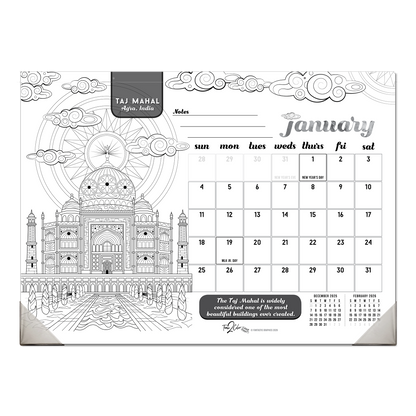 2026 Wonders Of The World Office Edition Desk Blotter/Wall Coloring Calendar (22" x 16")