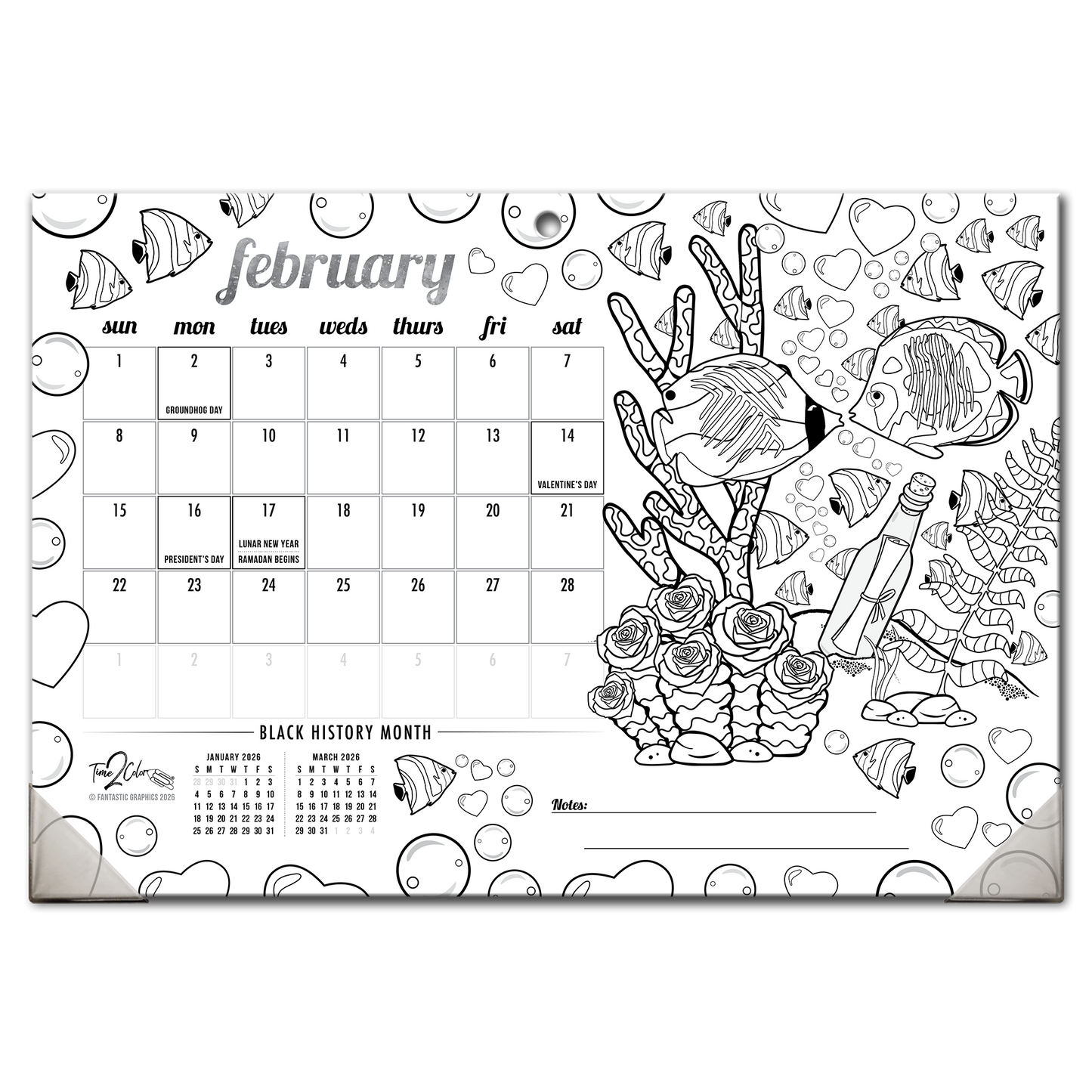 2026 Tropical Fish Home Edition Desk Blotter/Wall Coloring Calendar (19" x 13")