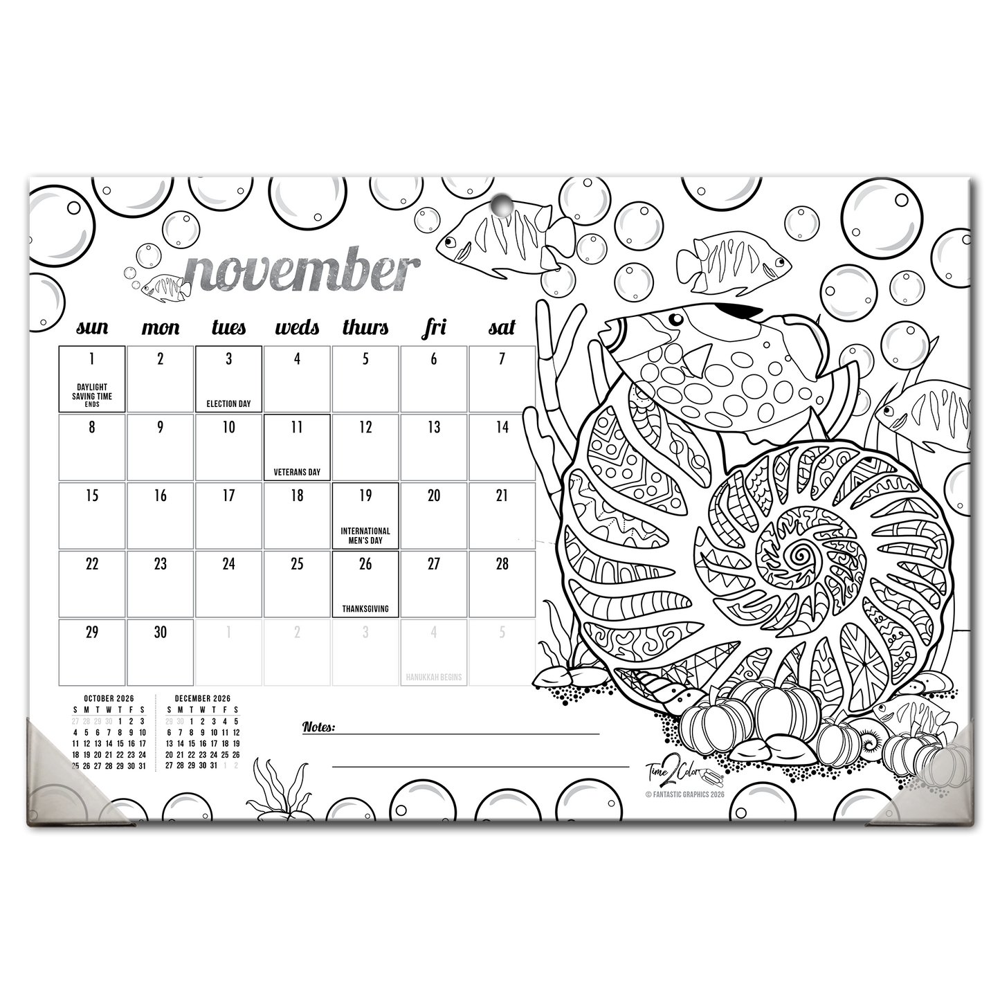 2026 Tropical Fish Home Edition Desk Blotter/Wall Coloring Calendar (19" x 13")