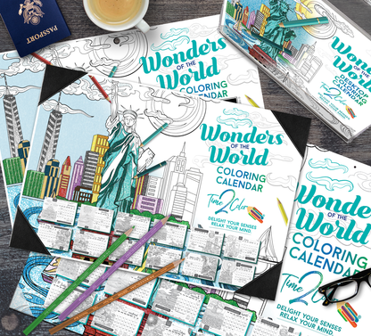 2025 Wonders of the World Standing Lucite Desktop Coloring Calendar (8.5" x 6")