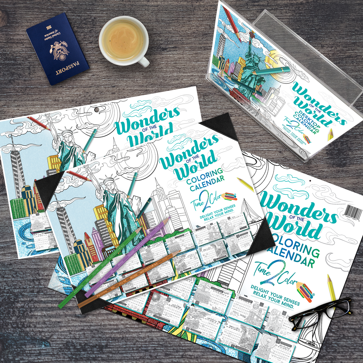 2025 Wonders Of The World Home Edition Desk Blotter Coloring Calendar (19" x 13")