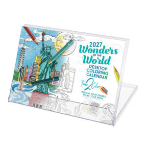 2027 Wonders of the World Standing Lucite Desktop Coloring Calendar (8.5” x 6”)