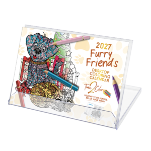 2027 Furry Friends Standing Lucite Desktop Coloring Calendar (8.5” x 6”)